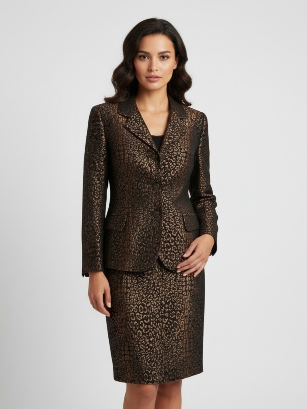 Vintage Dana Buchman Metallic Leopard Print Blazer Skirt Set Mob Wife Size 14